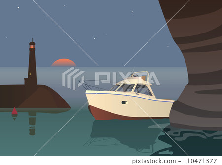 The yacht stands near the grotto against the backdrop of the lighthouse at sunset. Vector. 110471377