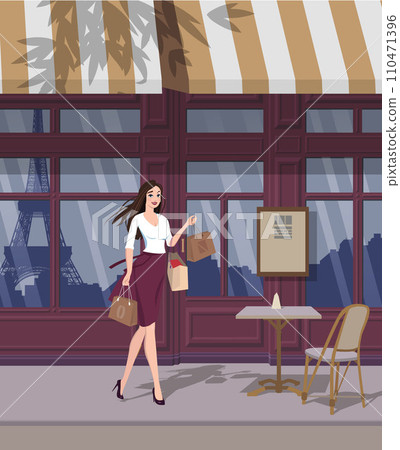 Girl with purchases against the background of the store. Vector. 110471396