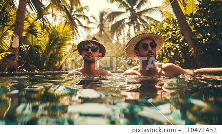 Gay couple relaxing in swimming pool. Gay couple relaxing in swimming pool. 110471432