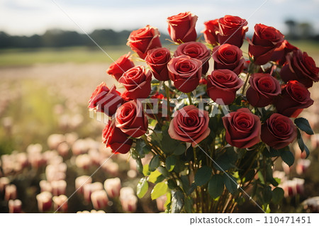 Digital painting of a beautiful rose that stands out in the middle of blurred rose garden. White clouds float and sunlight falls beautifully. Suitable for use as greeting cards for various occasions. 110471451