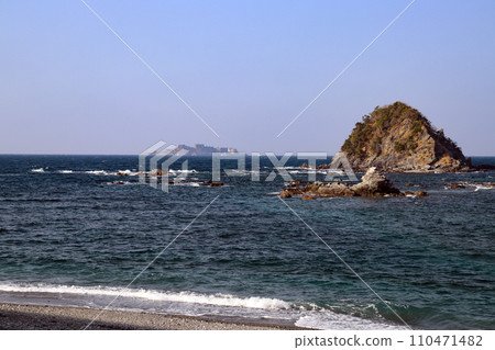 Gunkanjima from Narcissus Beach in Nagasaki 110471482