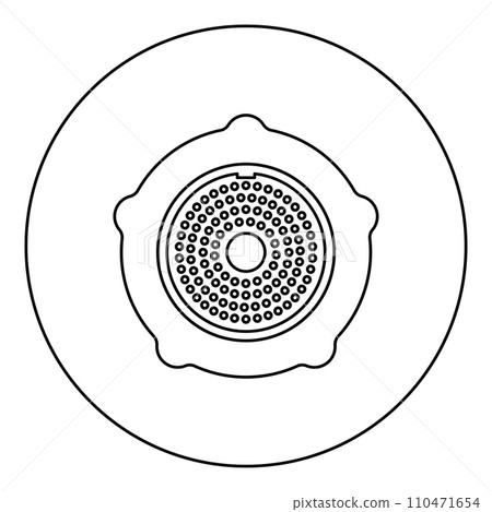 Grate for meat grinder plate mincer device for growing shallow of meat lattice with nut screw female screw pawl stop latch holder icon in circle round black color vector illustration image outline Grate for meat grinder plate mincer device for growing shallow of meat lattice with nut screw female screw pawl stop latch holder icon in circle round black color vector illustration image outline 110471654