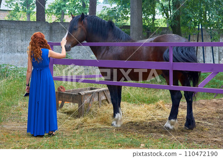 Red haired woman in a blue dress strokes a horse in a corral 110472190