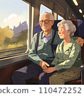 An elderly couple looking out the window from the train 110472252
