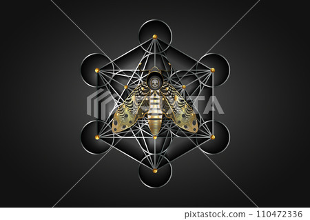Metatrons cube on The death's head moth in dark gold colors. Sacred Geometry. Night mystical butterfly with a skull. Luxury vector illustration of Acherontia winged insect isolated on black background 110472336