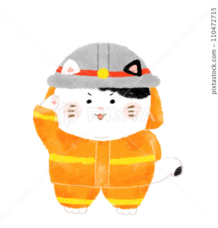 Illustration of a saluting firefighter cat Crayon touch Illustration of a saluting firefighter cat Crayon touch 110472715