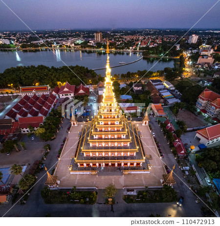 Aerial view of Wat Nong Waeng, also known as Phra Mahathat Kaen Nakhon, in Khon Kaen, Thailand Aerial view of Wat Nong Waeng, also known as Phra Mahathat Kaen Nakhon, in Khon Kaen, Thailand 110472913