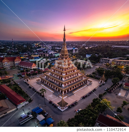 Aerial view of Wat Nong Waeng, also known as Phra Mahathat Kaen Nakhon, in Khon Kaen, Thailand Aerial view of Wat Nong Waeng, also known as Phra Mahathat Kaen Nakhon, in Khon Kaen, Thailand 110472914