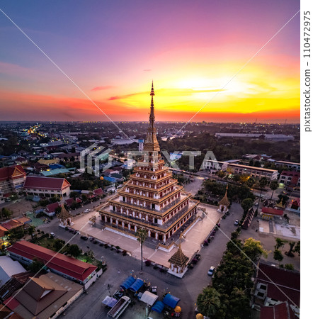 Aerial view of Wat Nong Waeng, also known as Phra Mahathat Kaen Nakhon, in Khon Kaen, Thailand Aerial view of Wat Nong Waeng, also known as Phra Mahathat Kaen Nakhon, in Khon Kaen, Thailand 110472975