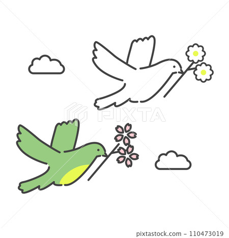 Birds flying in the sky with flowers in their mouths 110473019