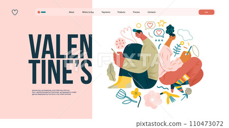 Valentine: Digital Whispers - modern flat vector concept illustration of a couple seated close, messaging each other. Metaphor for the intimacy of modern digital communication 110473072