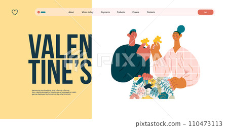 Valentine: Unexpected Match -modern flat vector concept illustration of a couple with duplicate puzzle pieces, a twist in their completion. Metaphor for life's surprising coincidences in relationships 110473113