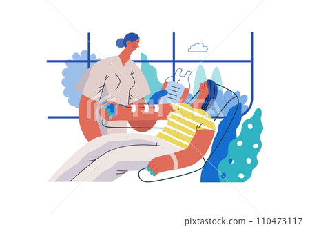 Mutual Support: Blood donation -modern flat vector concept illustration of a nurse and woman donating blood A metaphor of voluntary, collaborative exchanges of resource, services 110473117