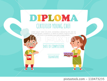 Happy Children Chef Cooking Diploma Certificate Vector Template 110473235