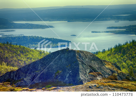 Misty spring morning forest and lake in may Misty spring morning forest and lake in may 110473778