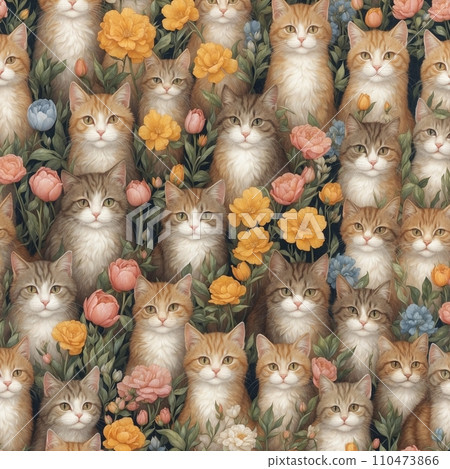 Many cats or kitties with vibrant flowers, full frame pattern illustration 110473866