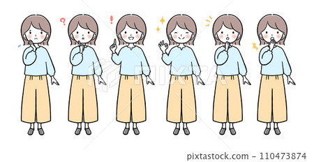 具有不同面部表情的女性全身姿勢 具有不同面部表情的女性全身姿勢 110473874