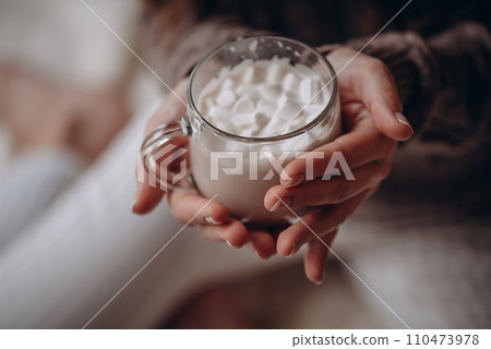 Transparent glass mug of cocoa with marshmallows in female hands. Close-up. New Year's portrait. 110473978
