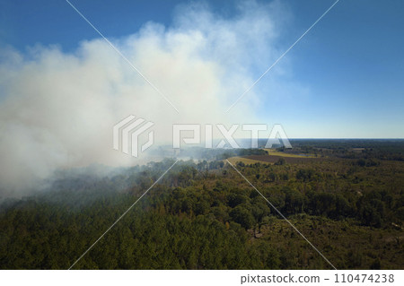 View from above of dense smoke from woodland and field on fire rising up polluting air. Concept of natural disaster View from above of dense smoke from woodland and field on fire rising up polluting air. Concept of natural disaster 110474238