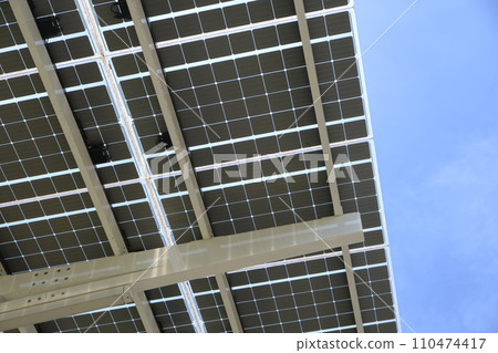 Solar photovoltaic panels mounted on metal frame for producing clean ecological electric energy. Renewable electricity with zero emission concept Solar photovoltaic panels mounted on metal frame for producing clean ecological electric energy. Renewable electricity with zero emission concept 110474417