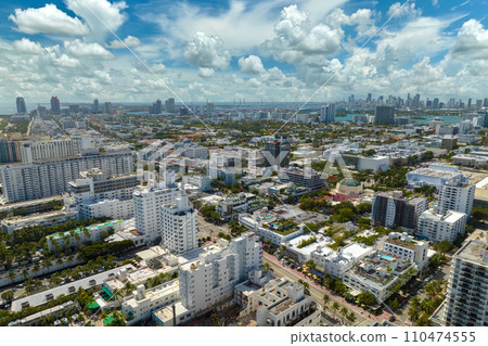 Miami Beach city with high luxury hotels and condos. High angle view of tourist infrastructure in southern Florida, USA 110474555