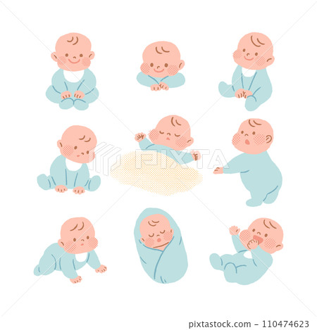 Cute little babies with different combinations of poses and expressions, vector illustration 110474623
