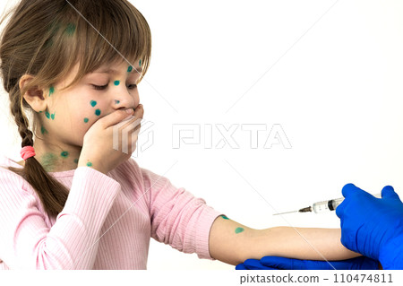 Doctor making vaccination injection to an afraid child girl sick with chickenpox, measles or rubella virus. Vaccination of children at school concept. 110474811