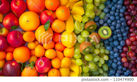 Vibrant rainbow array of fresh fruit, from citrus to berries, full of natural vitamins 110474900