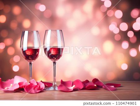 Valentine's day celebration with two glasses of wine and romantic red rose petals. Generative AI 110474901