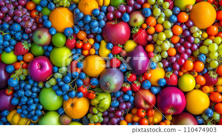 Vibrant collection of fresh fruits displayed in a rainbow gradient Vibrant collection of fresh fruits displayed in a rainbow gradient 110474903