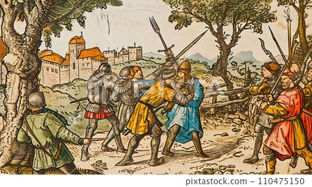 Medieval style illustration of the battle scene. Medieval style illustration of the battle scene. 110475150