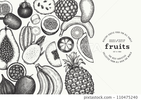 Tropical Fruit Design Template. Vector Hand Drawn Exotic Fruit Banner. Vintage Style Menu Illustration. 110475240