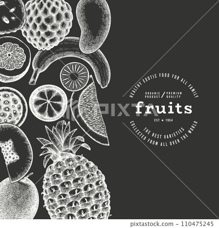 Tropical Fruit Design Template. Vector Hand Drawn Exotic Fruit Chalk Board llustration. Vintage Style Menu Illustration. 110475245