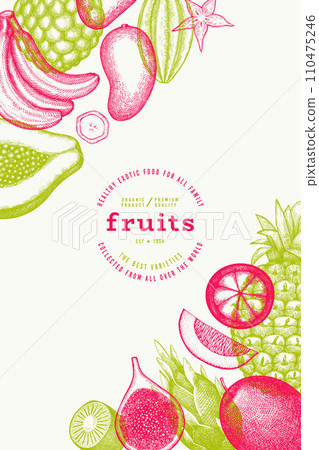 Tropical Fruit Design Template. Vector Hand Drawn Exotic Fruit Banner. Vintage Style Menu Illustration. Tropical Fruit Design Template. Vector Hand Drawn Exotic Fruit Banner. Vintage Style Menu Illustration. 110475246