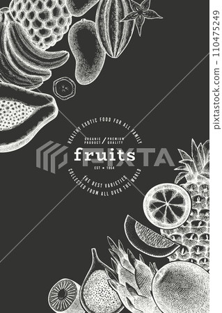 Tropical Fruit Design Template. Vector Hand Drawn Exotic Fruit Chalk Board llustration. Vintage Style Menu Illustration. 110475249