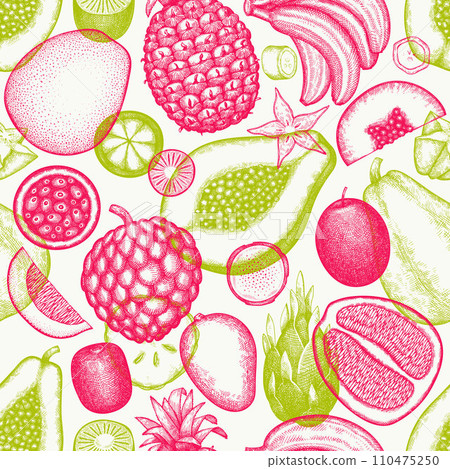 Tropical Fruit Seamless Pattern. Vector Hand Drawn Exotic Fruit Background. Vintage Style Menu Illustration. 110475250