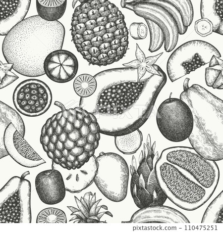 Tropical Fruit Seamless Pattern. Vector Hand Drawn Exotic Fruit Background. Vintage Style Menu Illustration. Tropical Fruit Seamless Pattern. Vector Hand Drawn Exotic Fruit Background. Vintage Style Menu Illustration. 110475251