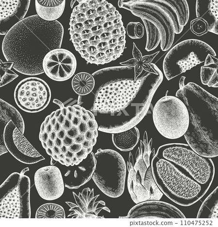 Tropical Fruit Seamless Pattern. Vector Hand Drawn Exotic Fruit Background. Chalk Board Menu Illustration. Tropical Fruit Seamless Pattern. Vector Hand Drawn Exotic Fruit Background. Chalk Board Menu Illustration. 110475252