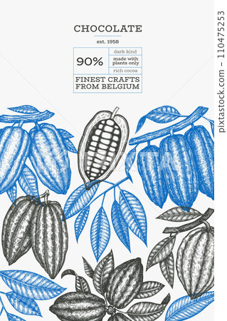 Cocoa design template. Chocolate cocoa beans background. Vector hand drawn illustration. Vintage style illustration. Cocoa design template. Chocolate cocoa beans background. Vector hand drawn illustration. Vintage style illustration. 110475253