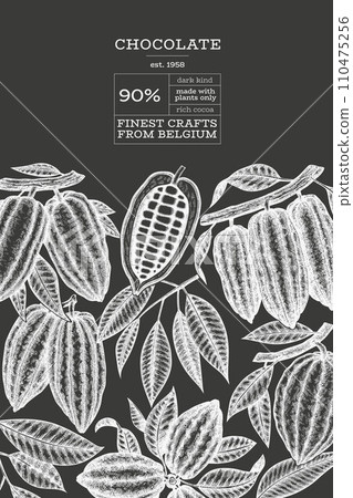Cocoa design template. Chocolate cocoa beans background. Vector hand drawn illustration on chalk board. Vintage style illustration. Cocoa design template. Chocolate cocoa beans background. Vector hand drawn illustration on chalk board. Vintage style illustration. 110475256