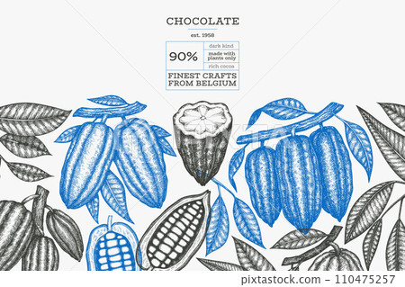 Cocoa design template. Chocolate cocoa beans background. Vector hand drawn illustration. Vintage style illustration. 110475257