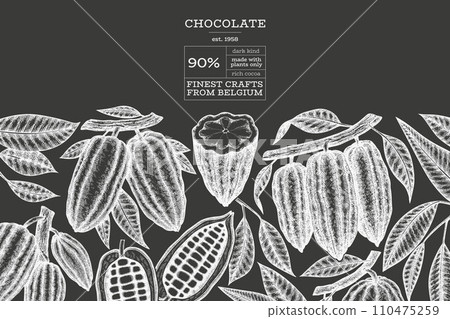 Cocoa design template. Chocolate cocoa beans background. Vector hand drawn illustration on chalk board. Vintage style illustration. 110475259