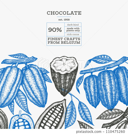 Cocoa design template. Chocolate cocoa beans background. Vector hand drawn illustration. Vintage style illustration. 110475260