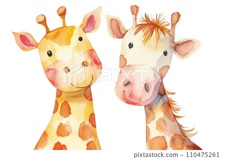AI-generated content. Charming watercolor painting of two giraffes with friendly expressions, perfect for children's books, rendered in soft yellow and brown tones on a white background. AI-generated content. Charming watercolor painting of two giraffes with friendly expressions, perfect for children's books, rendered in soft yellow and brown tones on a white background. 110475261