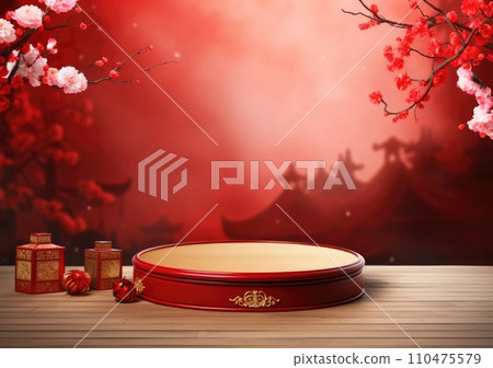Chinese New Year red and golden theme podium scene with 3D  oriental festive elements on background for product display 110475579