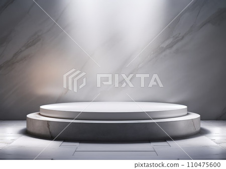 abstract modern minimal background with cobblestones on the wet floor. Trendy showcase with golden round frame and empty platform for product displaying abstract modern minimal background with cobblestones on the wet floor. Trendy showcase with golden round frame and empty platform for product displaying 110475600