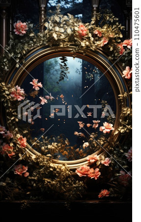 floral hoop digital backdrops. shoot set up with prop Flower and wood backdrop. Flower on hanging round floral hoop digital backdrops. shoot set up with prop Flower and wood backdrop. Flower on hanging round 110475601