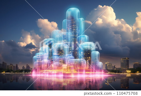 Cloud computing concept. Smart city wireless internet communication with cloud storage, cloud services. Download, upload data on server. Cloud computing concept. Smart city wireless internet communication with cloud storage, cloud services. Download, upload data on server. 110475708