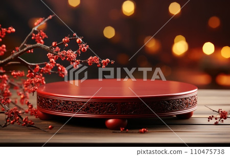 Chinese New Year red and golden theme podium scene with 3D oriental festive elements on background for product display Chinese New Year red and golden theme podium scene with 3D oriental festive elements on background for product display 110475738