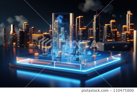 Cloud computing concept. Smart city wireless internet communication with cloud storage, cloud services. Download, upload data on server. 110475800